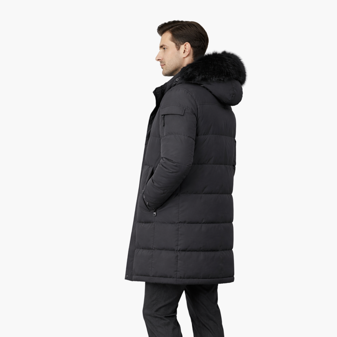 Parka comprida para homem com capuz e superfície acolchoada