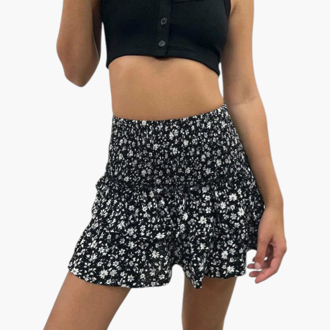 Mini jupe femme a taille élastique et volants superposés