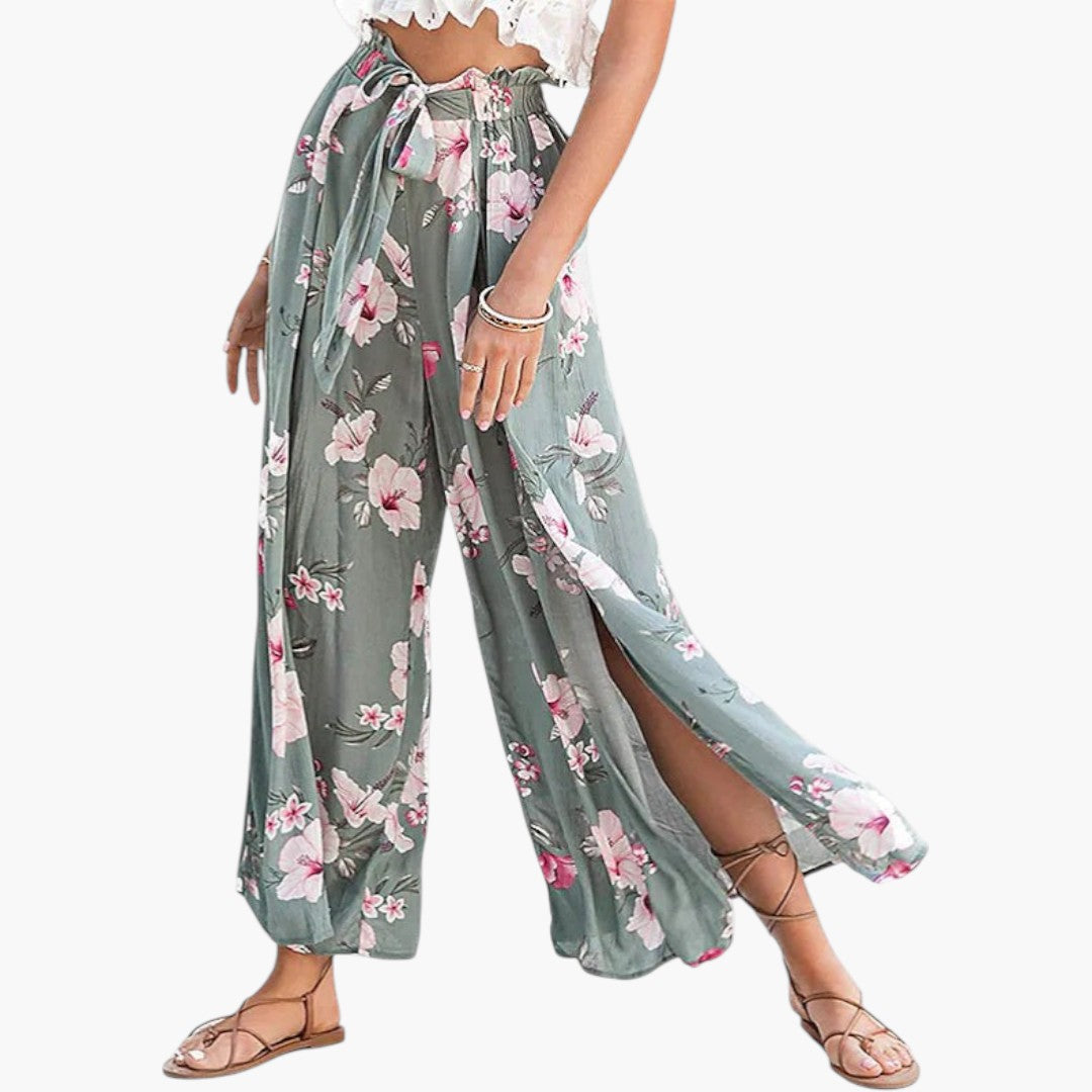 Pantalon Palazzo Femme a Taille Élastique et Motif Floral