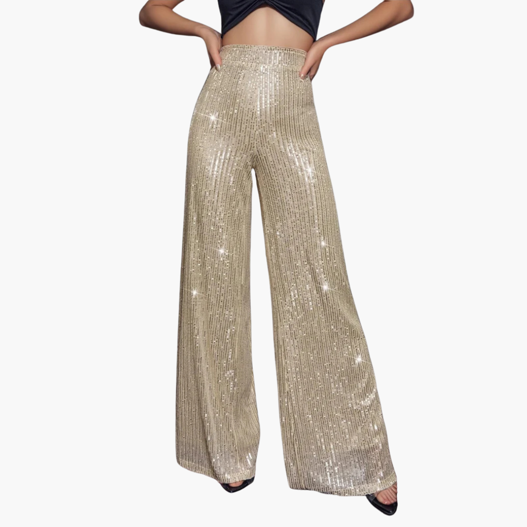 Pantalon pour femme avec bandes pailletées et jambes larges