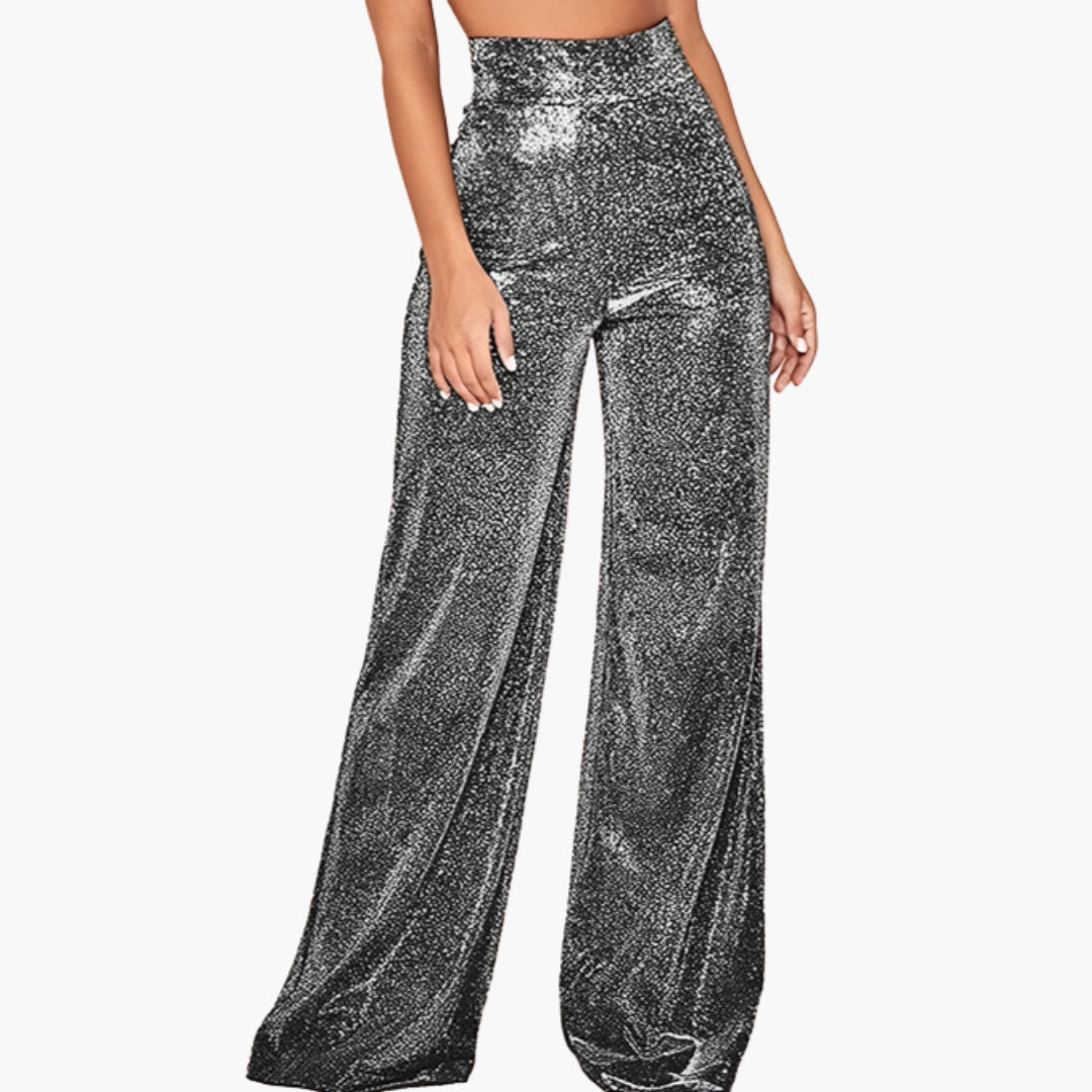 Pantalon femme taille haute avec surface pailletée