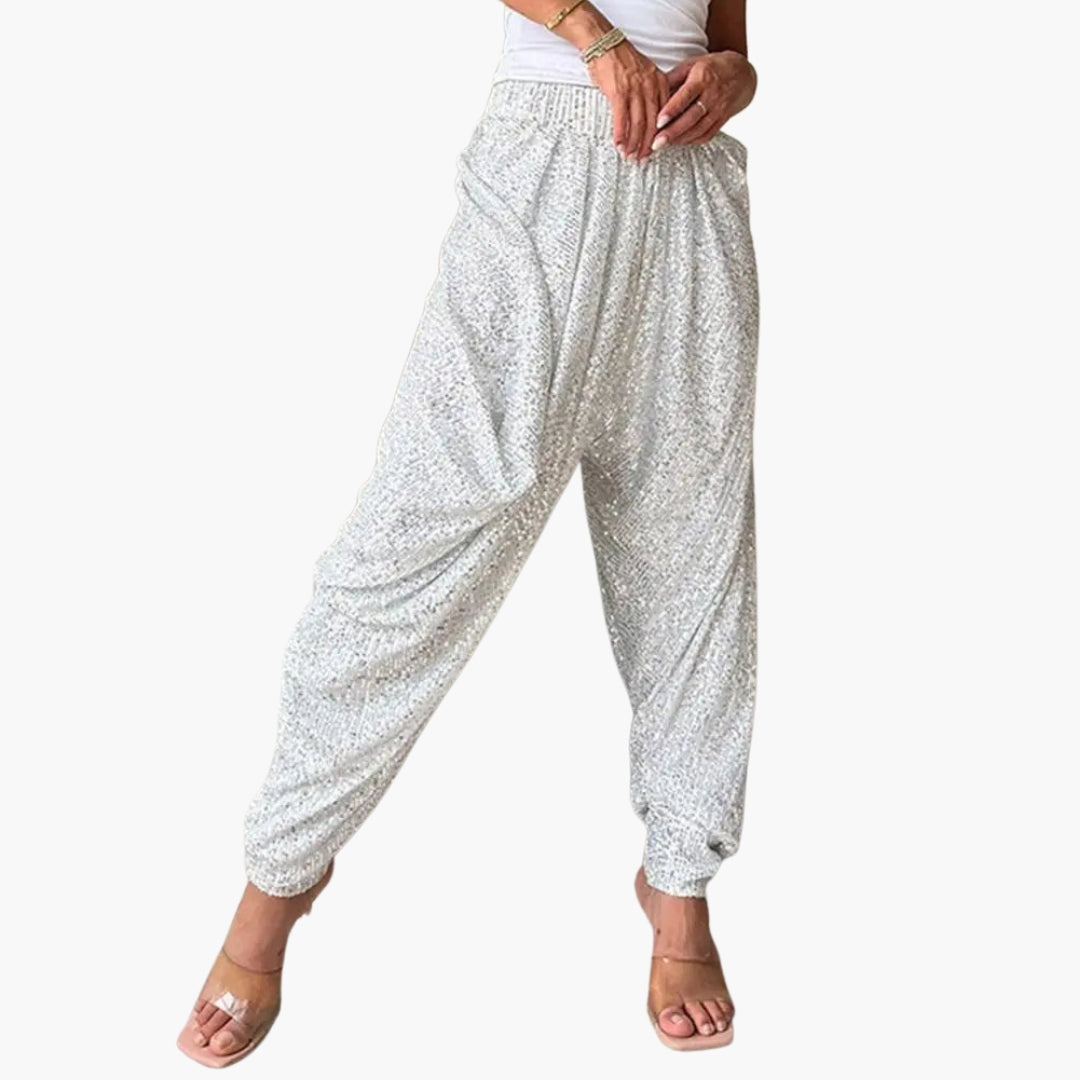 Pantalon femme taille haute a surface pailletée