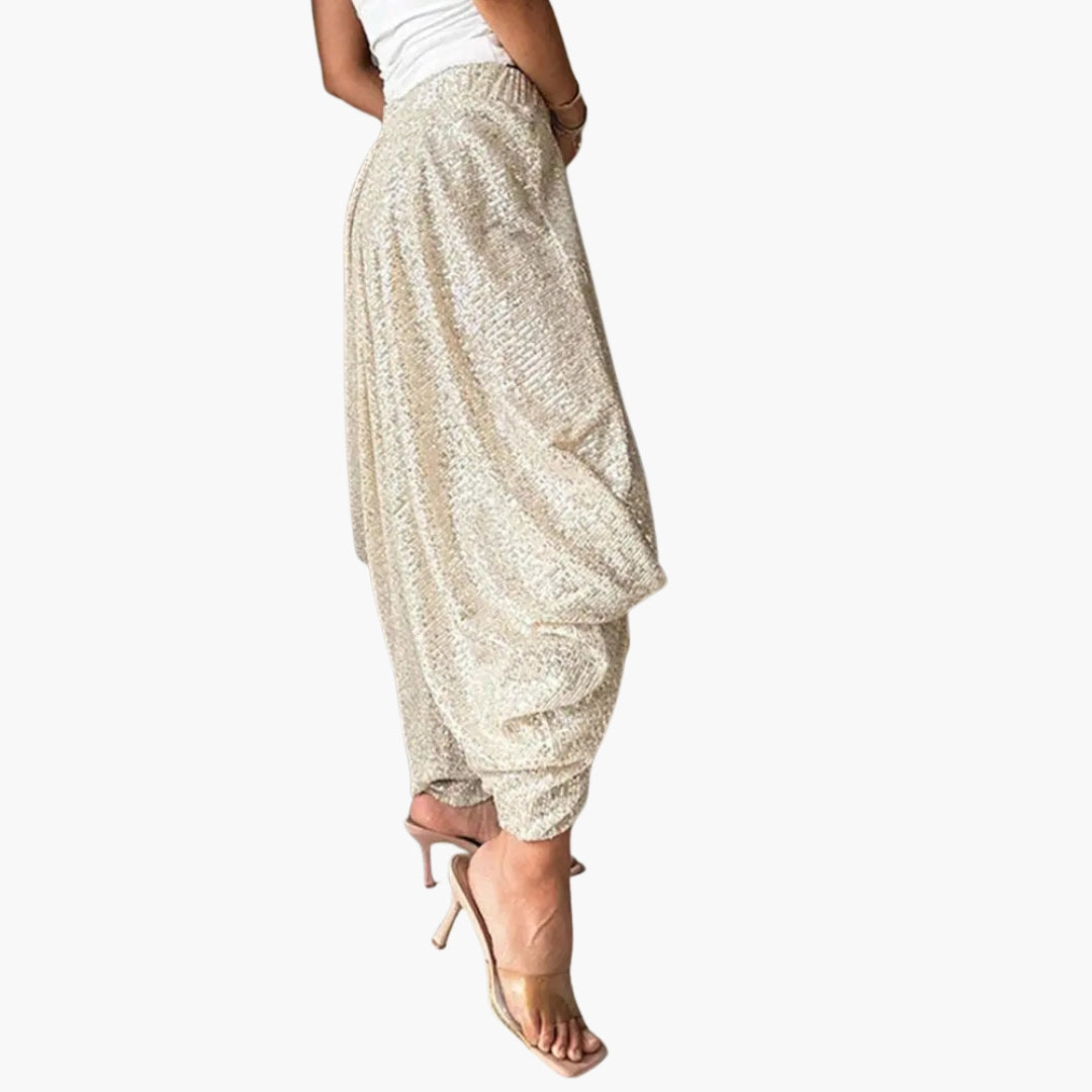 Pantalon femme taille haute a surface pailletée