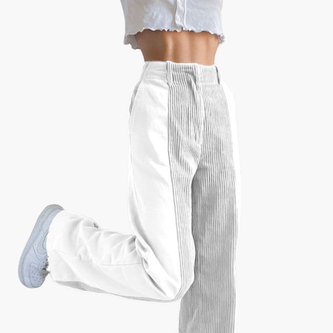 Pantalone donna vita alta e gamba larga in velluto a coste