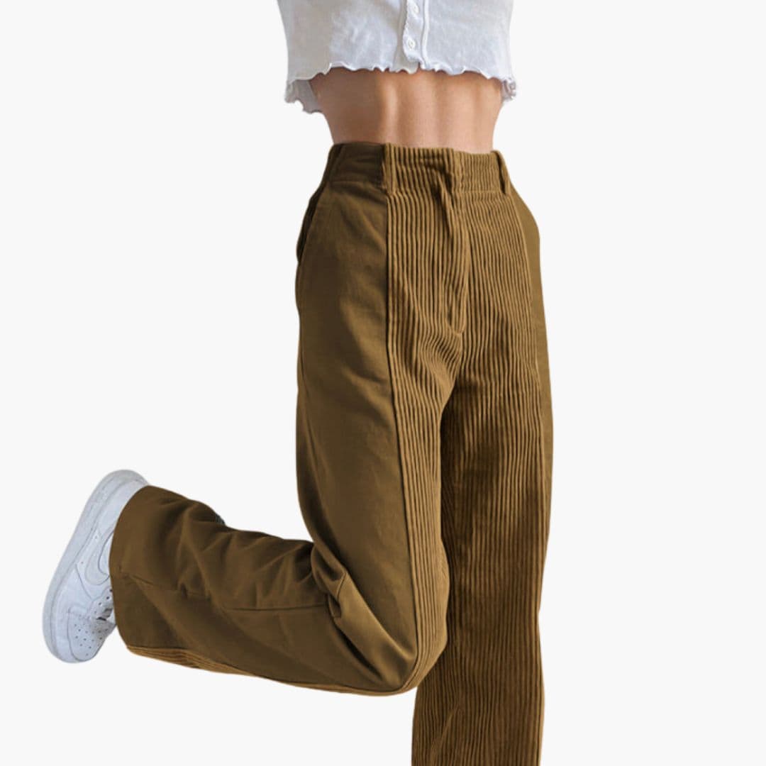 Pantalone donna vita alta e gamba larga in velluto a coste