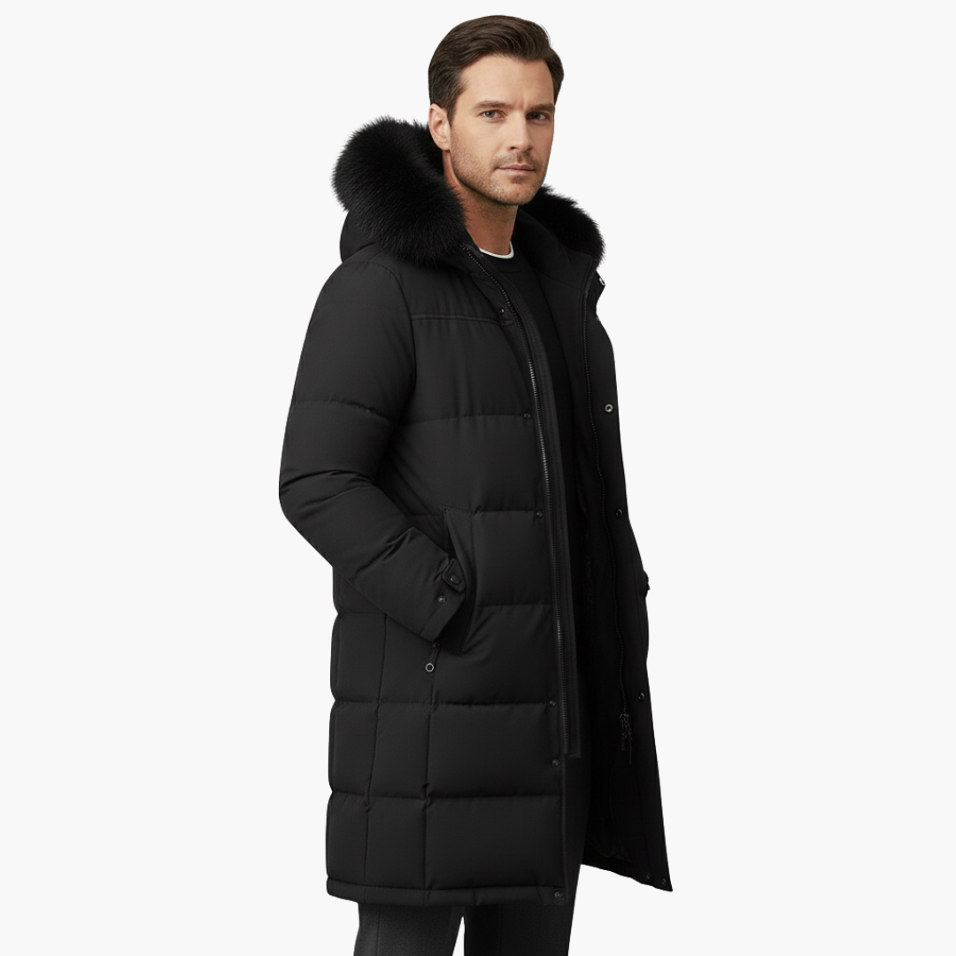 Parka comprida para homem com capuz e superfície acolchoada