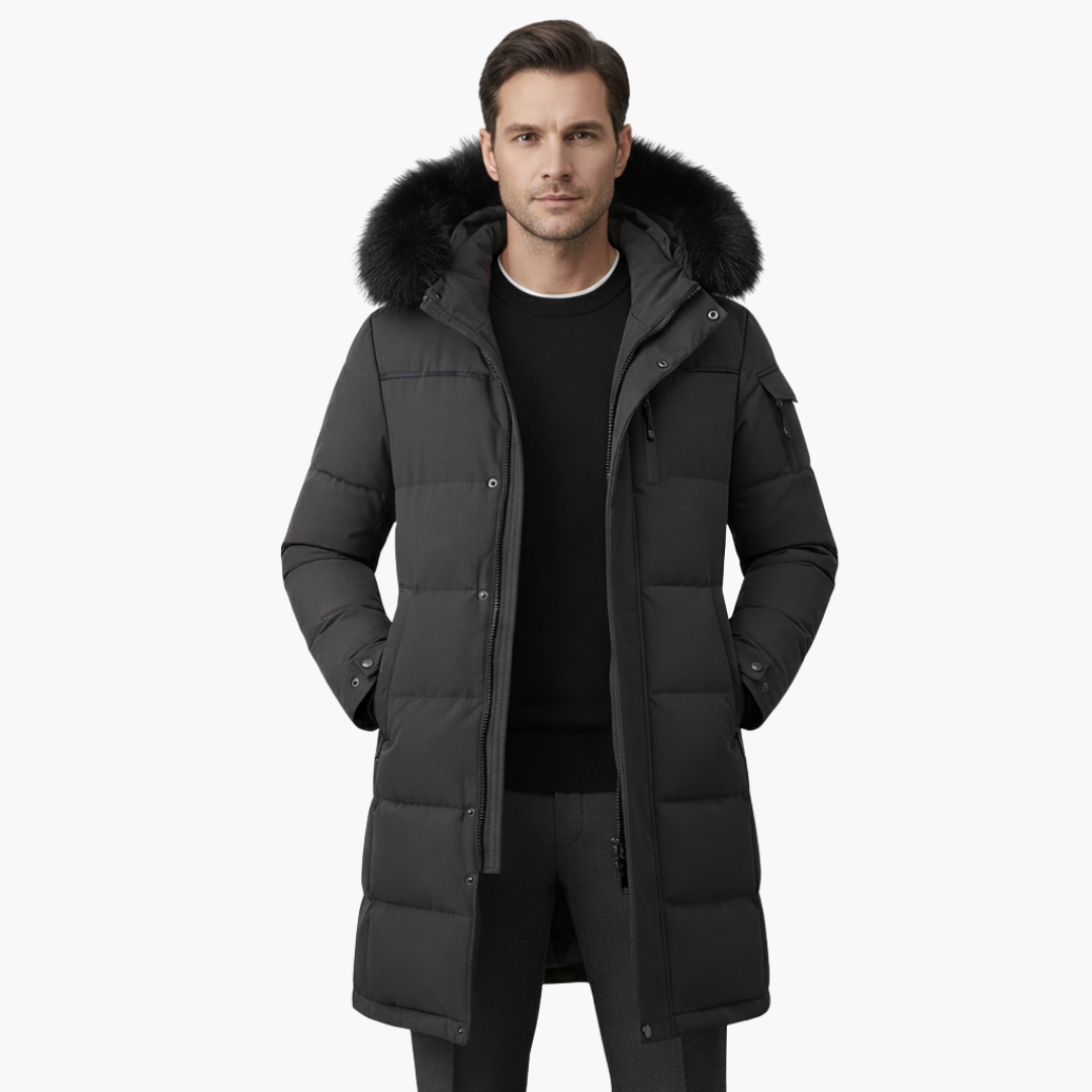 Parka comprida para homem com capuz e superfície acolchoada
