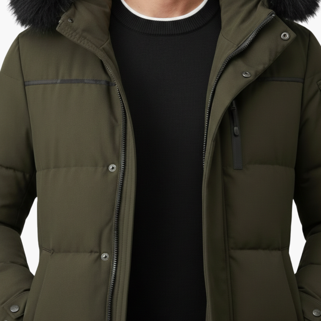 Parka comprida para homem com capuz e superfície acolchoada