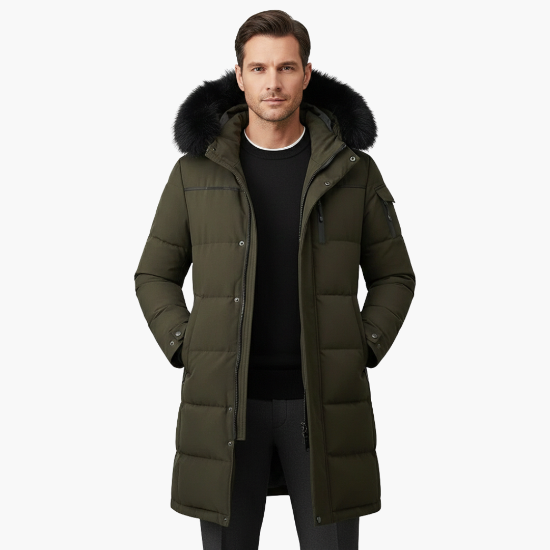 Parka comprida para homem com capuz e superfície acolchoada