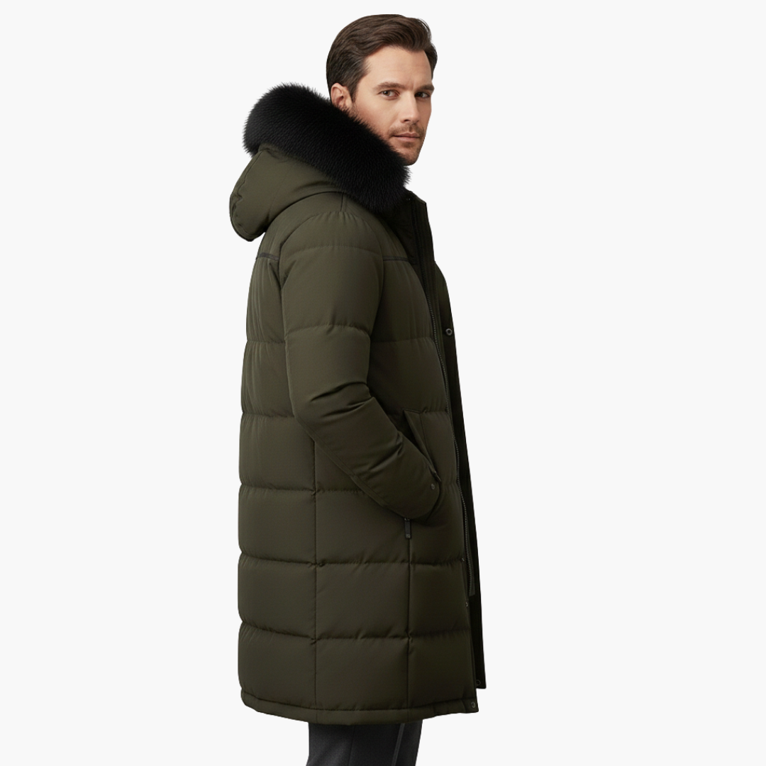 Parka comprida para homem com capuz e superfície acolchoada