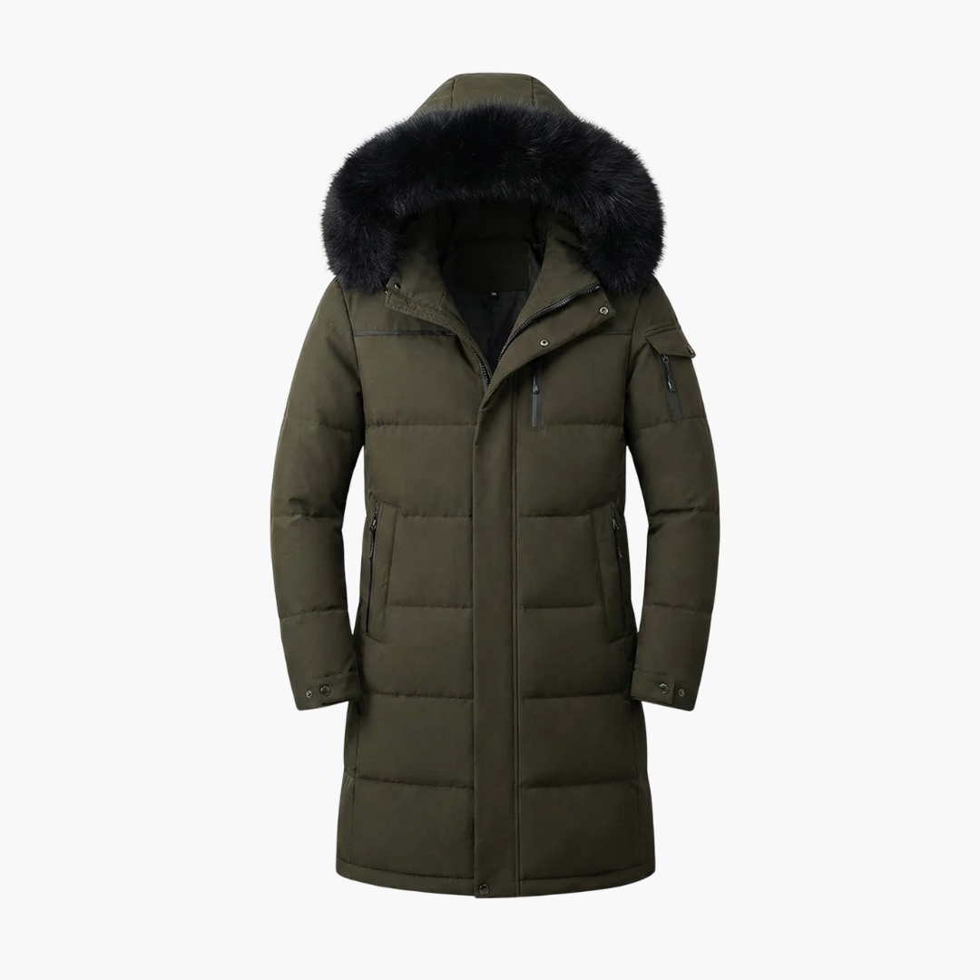 Parka comprida para homem com capuz e superfície acolchoada