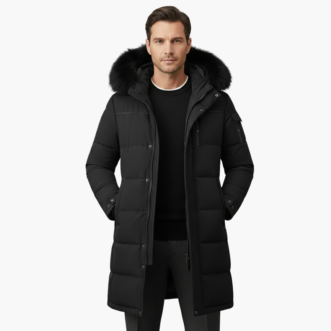 Parka comprida para homem com capuz e superfície acolchoada