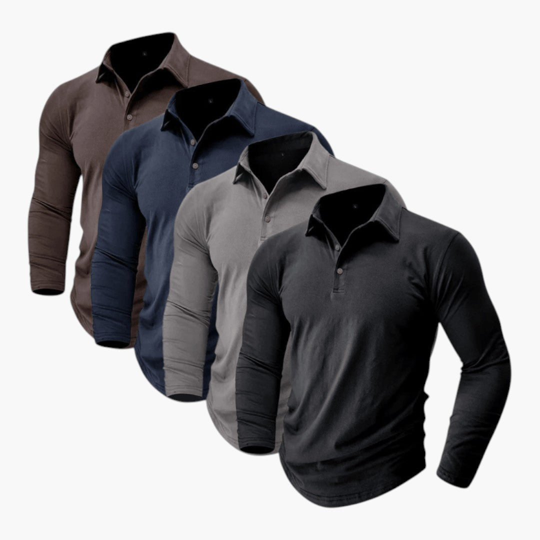 Polo Homme Manches Longues avec Col Structuré et Tissu Extensible