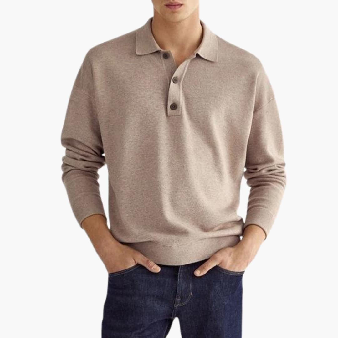 Polo homme à manches longues avec col à trois boutons