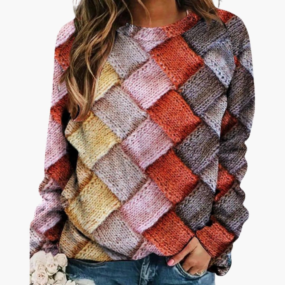 Pull Femme Col Rond avec Motif Tissé Multicolore
