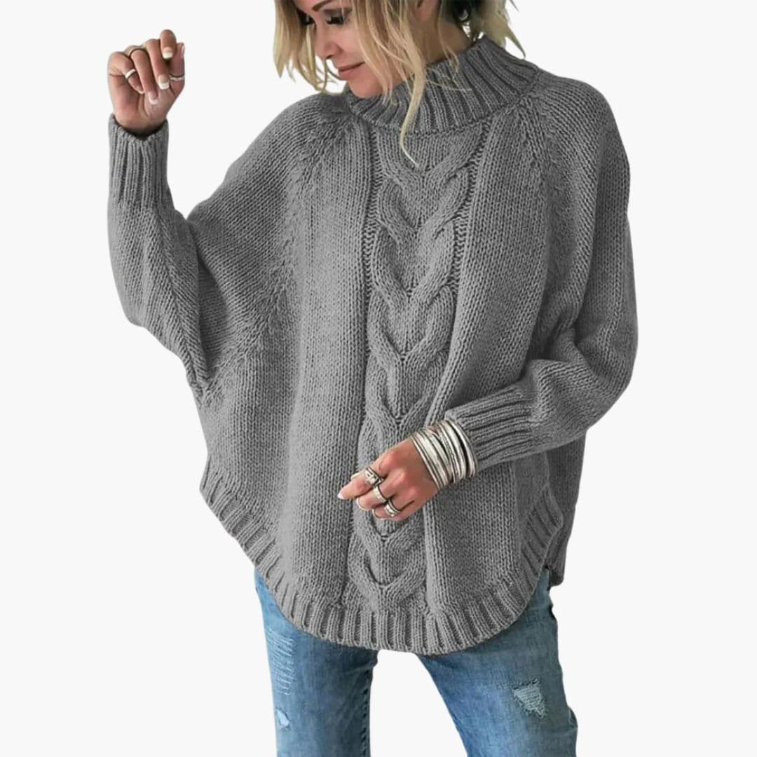 Women's Loose Knit Sweater with Turtleneck and Cable Pattern