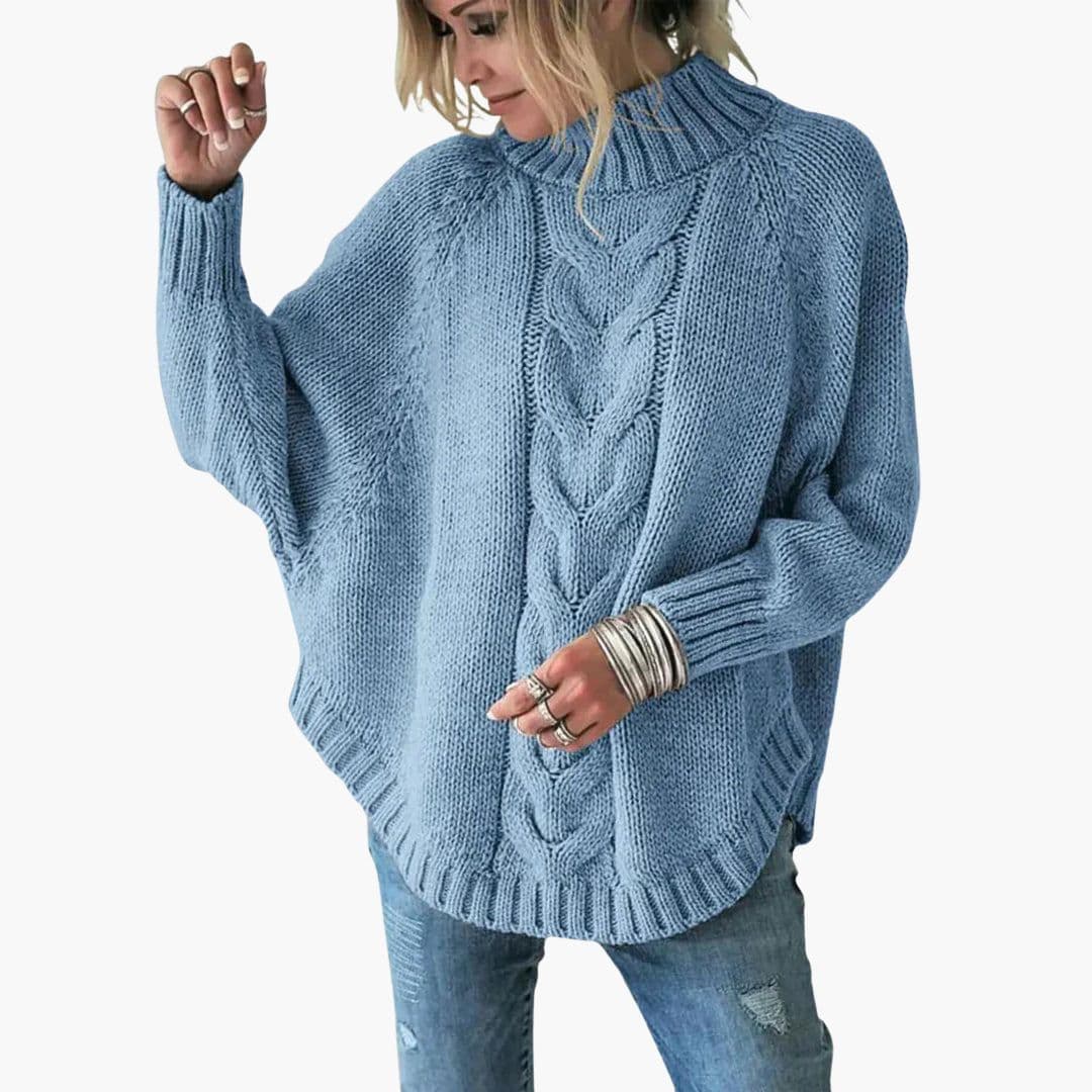 Women's Loose Knit Sweater with Turtleneck and Cable Pattern
