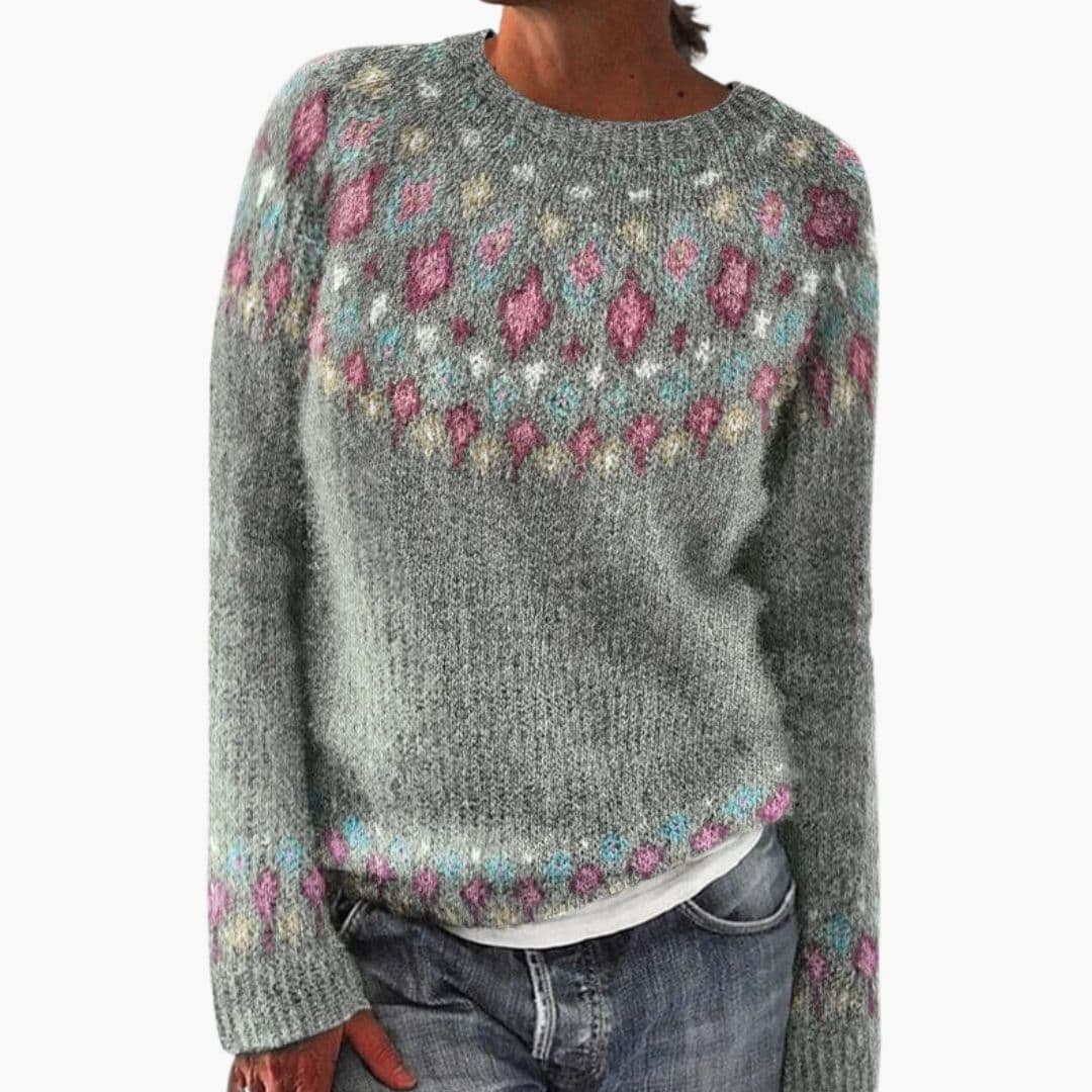 Women's Pullover with Round Neck and Geometric Pattern Knit