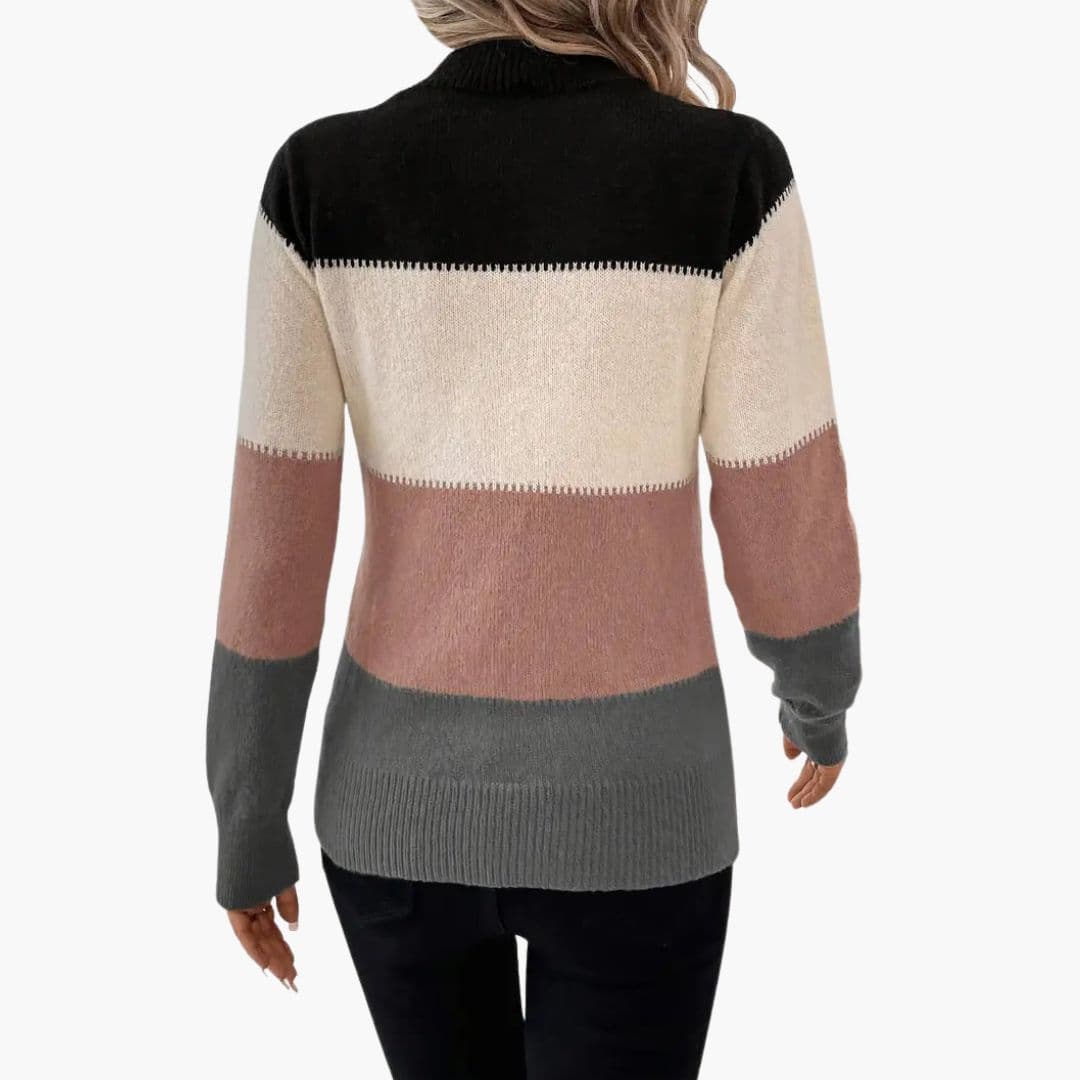 Sweter damski z dzianiny z kolorowymi blokami i prążkowanymi wykończeniami