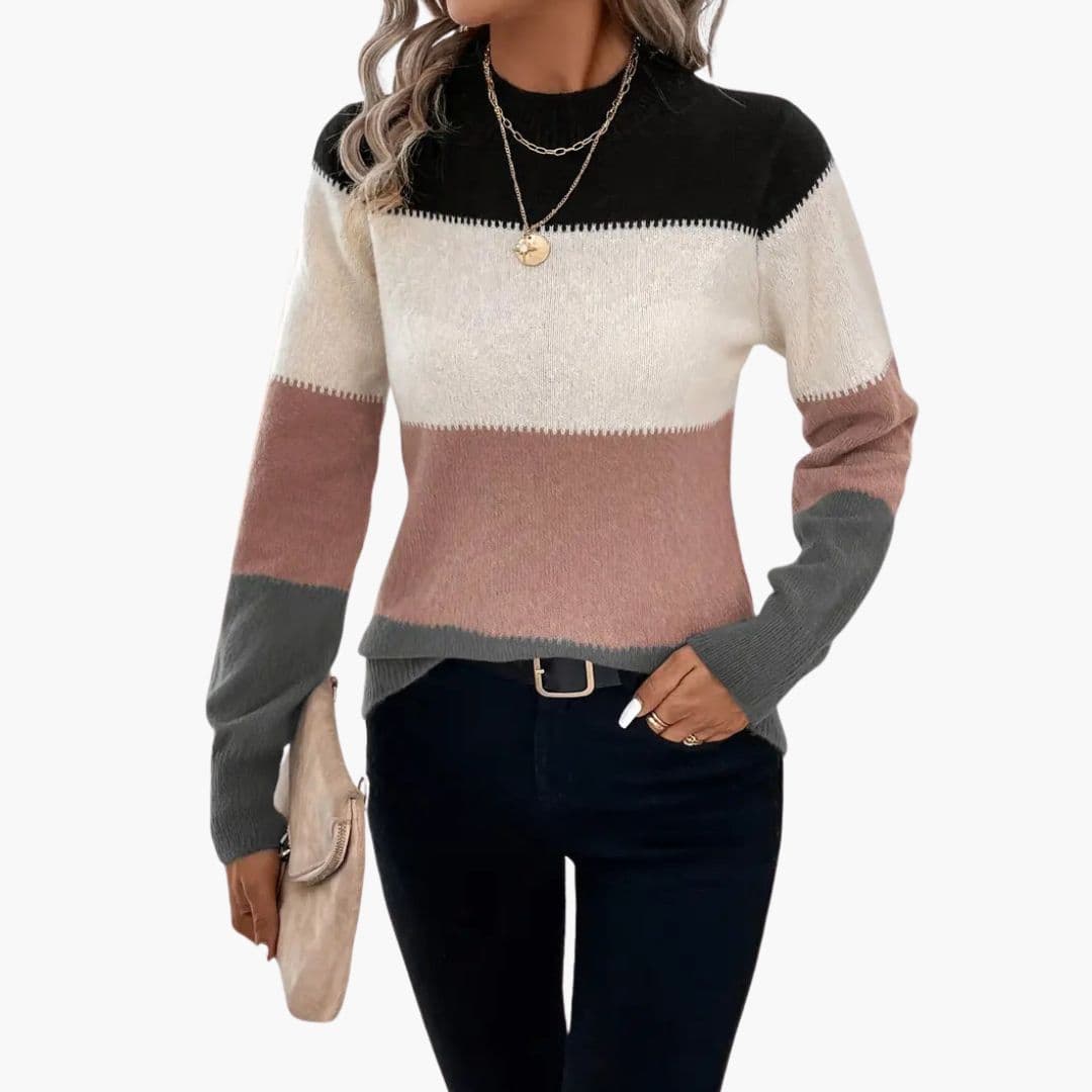 Sweter damski z dzianiny z kolorowymi blokami i prążkowanymi wykończeniami