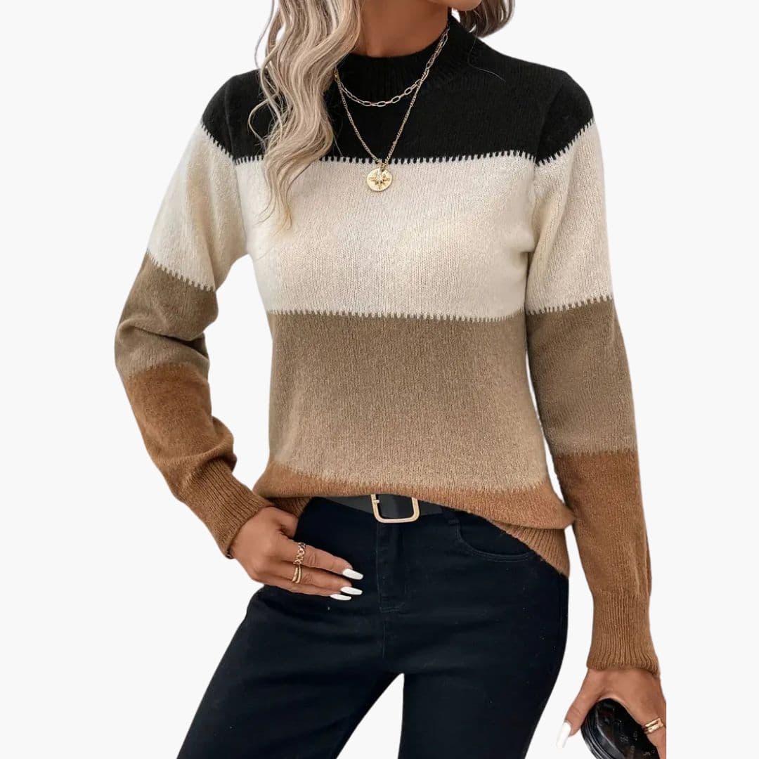 Sweter damski z dzianiny z kolorowymi blokami i prążkowanymi wykończeniami