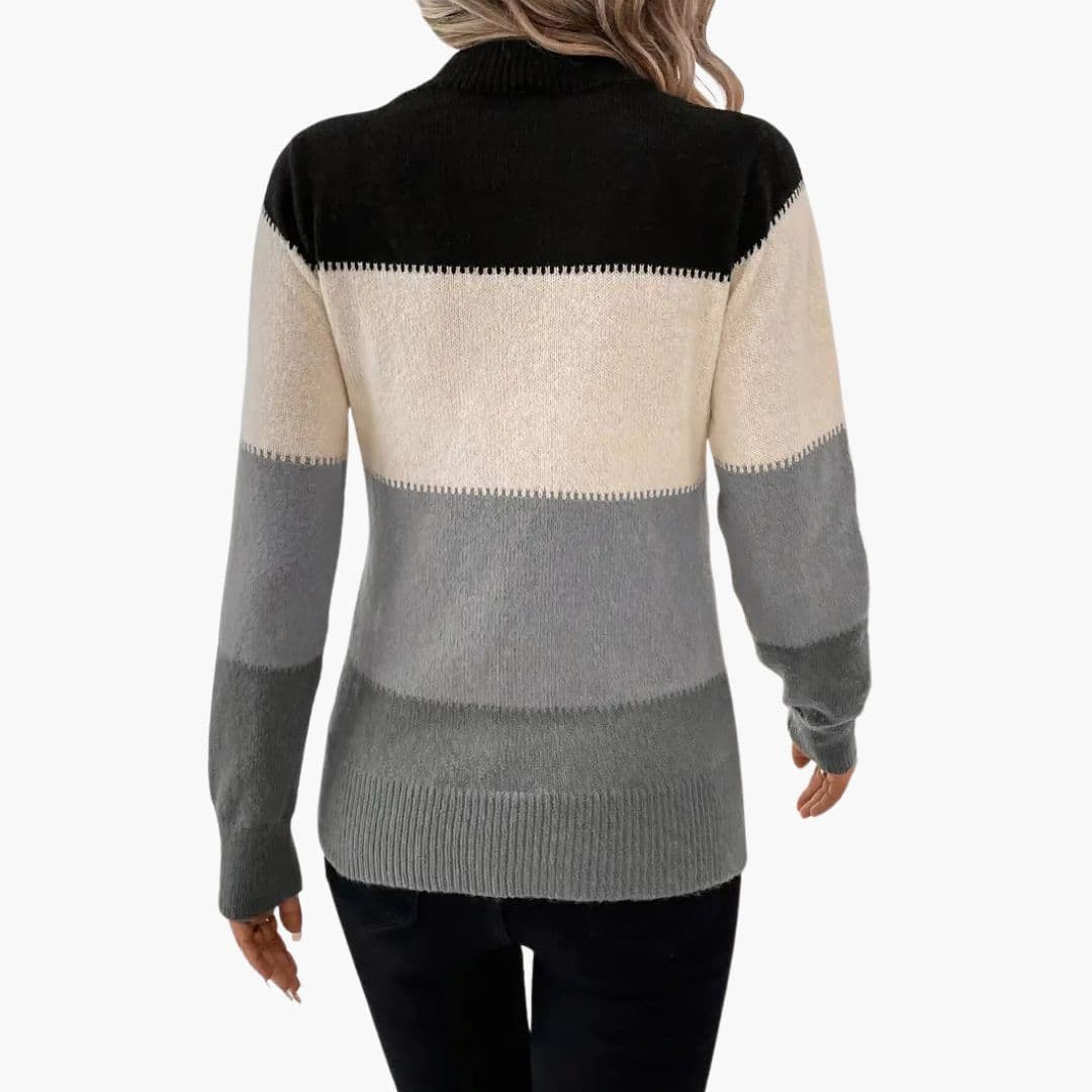Sweter damski z dzianiny z kolorowymi blokami i prążkowanymi wykończeniami