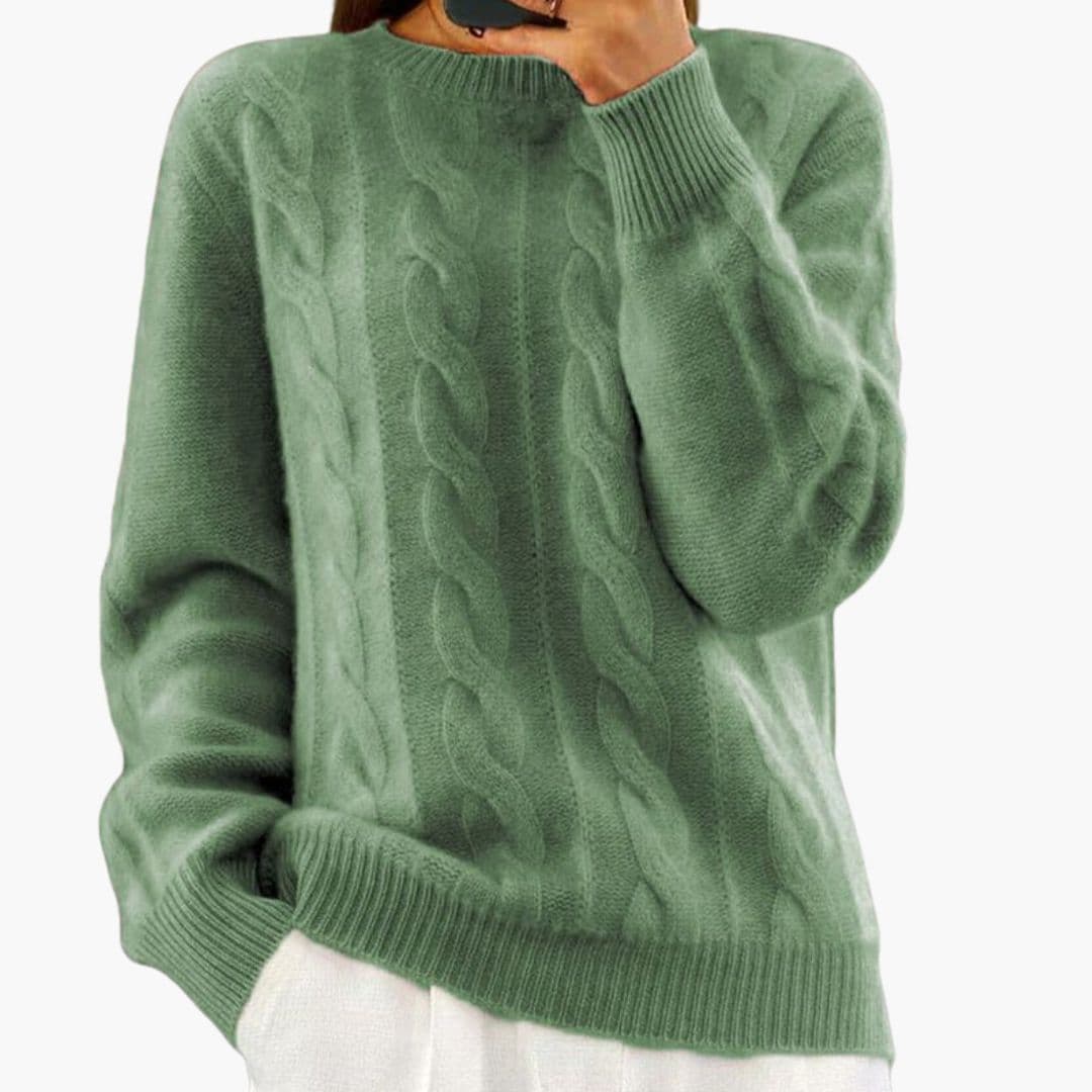 Sweter damski z dzianiny warkoczowej z okrągłym dekoltem