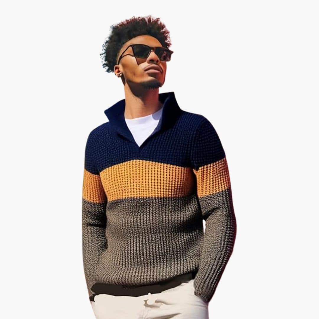 Pull Homme Maille Col Zippé Motif Color Block