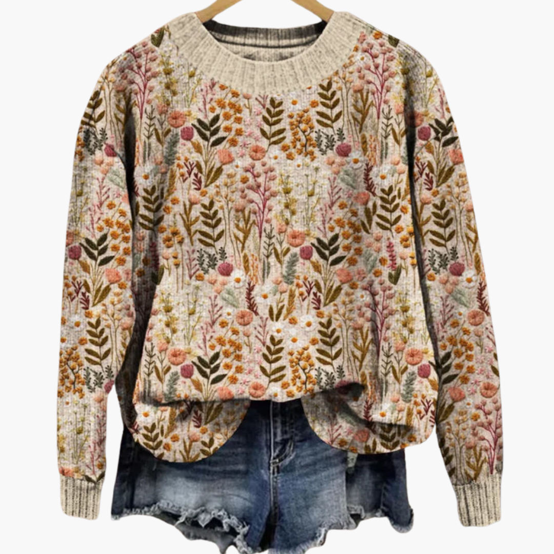 Maglione floreale da donna con collo rotondo e maniche lunghe
