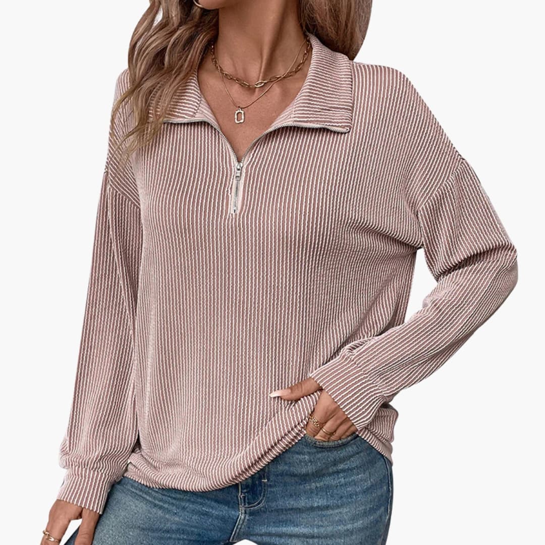 Striped sweater for women with half zip and long sleeves