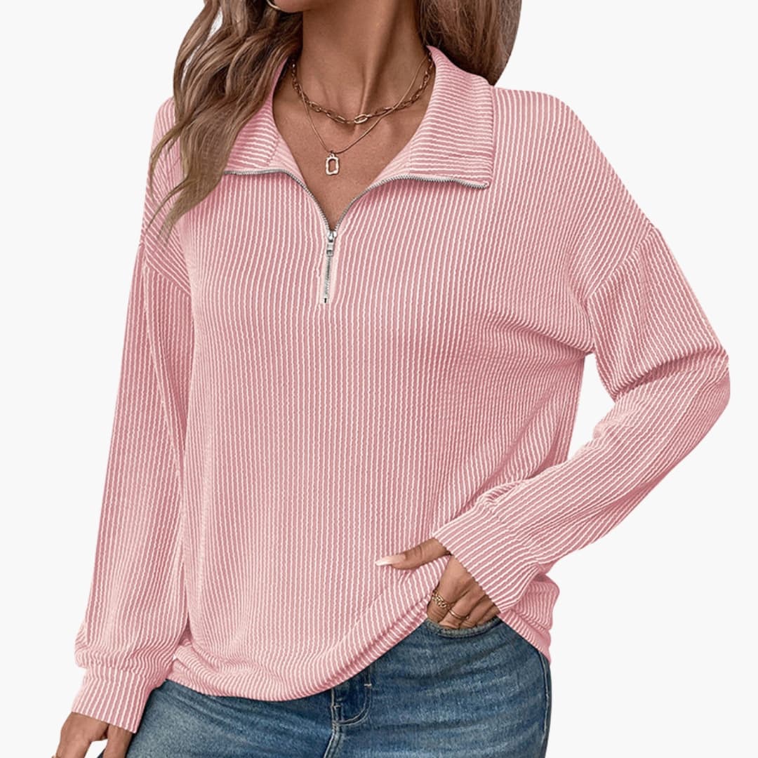 Striped sweater for women with half zip and long sleeves