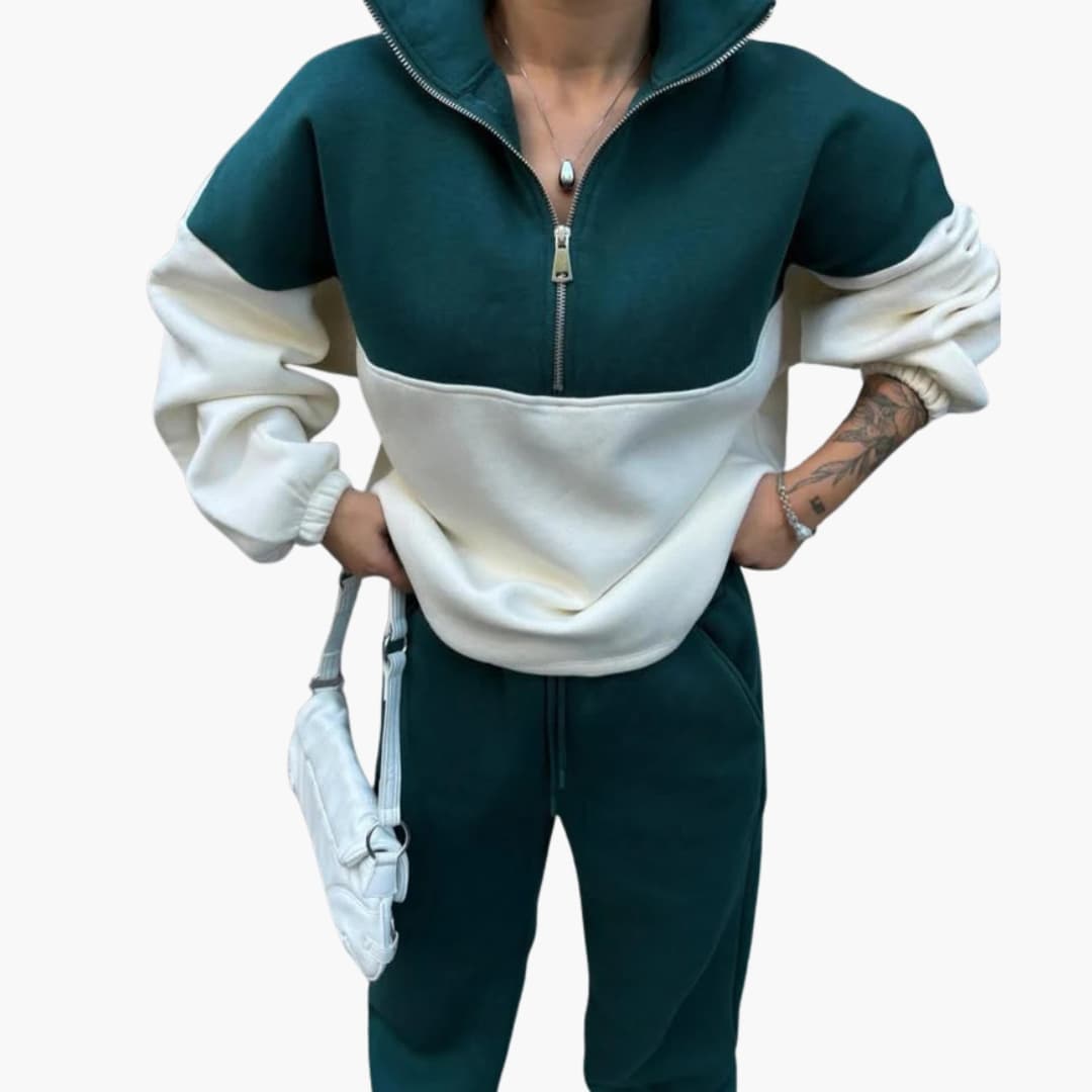 Two-tone pullover for women with half zip and dropped shoulders