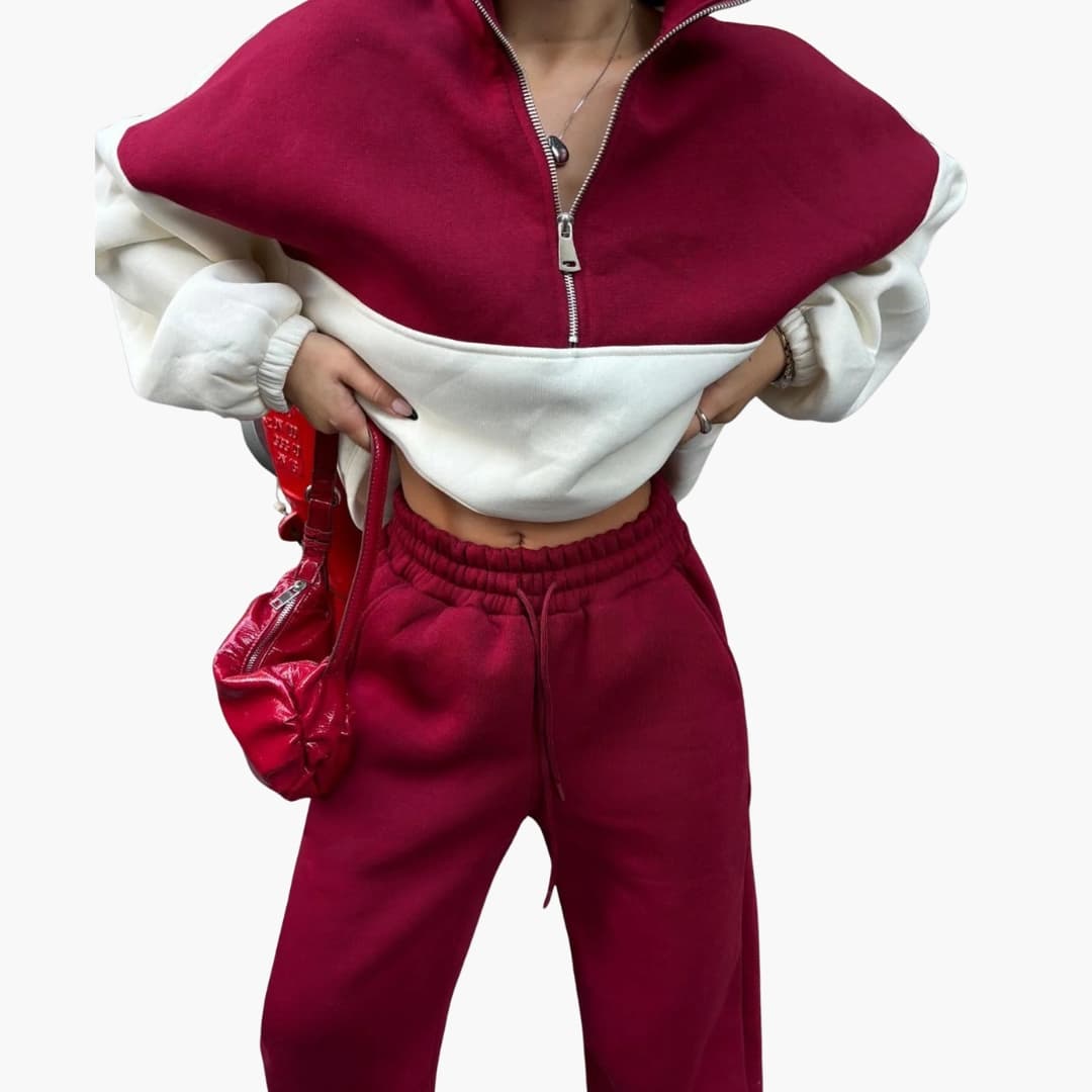 Two-tone pullover for women with half zip and dropped shoulders