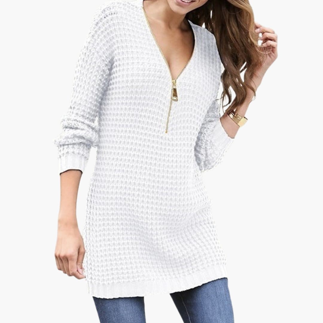 Maglione a maglia grossa da donna con scollo a V e zip frontale