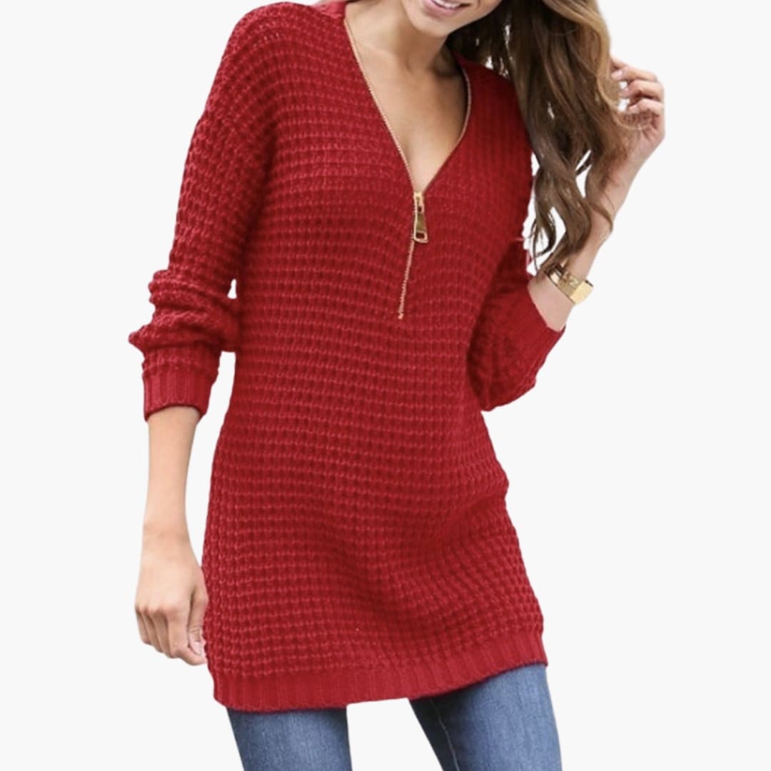 Maglione a maglia grossa da donna con scollo a V e zip frontale