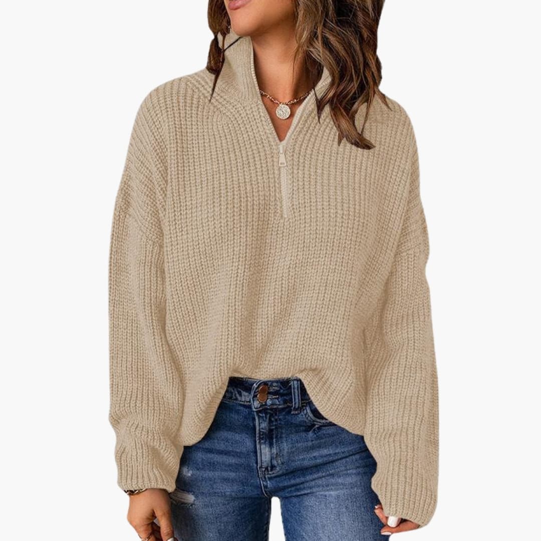 Chunky knit sweater for women with half-zip and stand-up collar