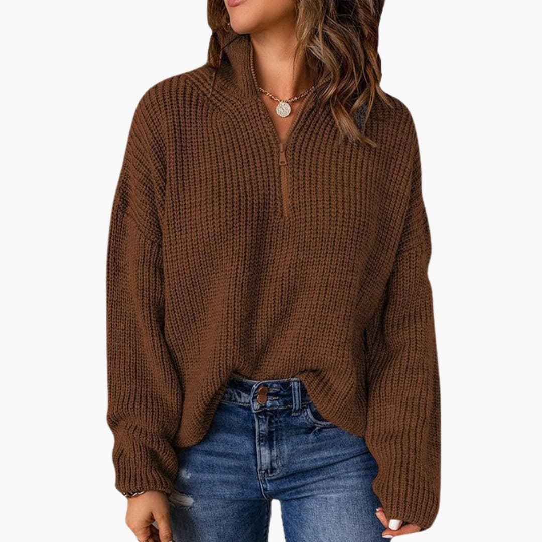 Chunky knit sweater for women with half-zip and stand-up collar