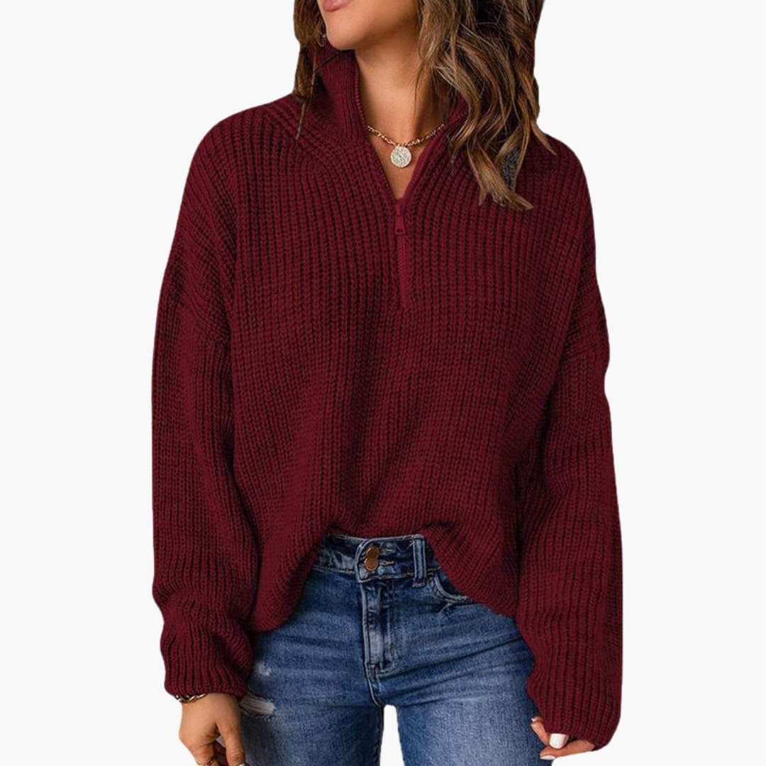 Chunky knit sweater for women with half-zip and stand-up collar