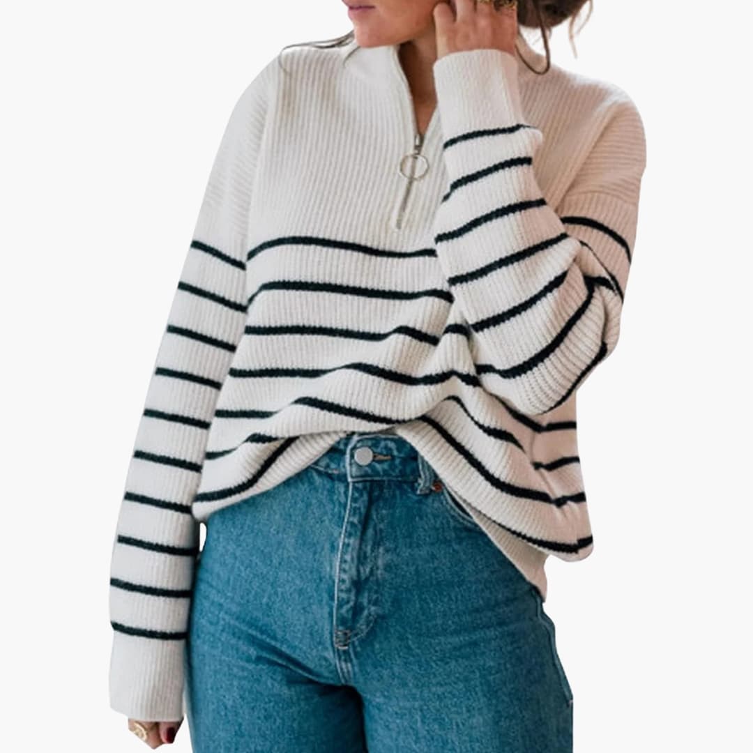 Sweter damski w paski z półzamkiem
