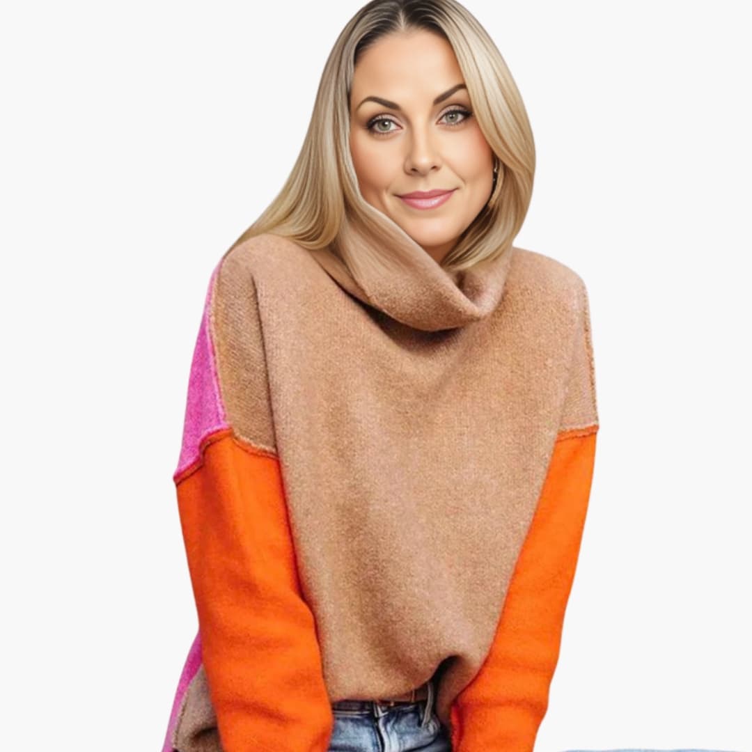 Maglione a blocchi di colore in maglia per donna con collo alto