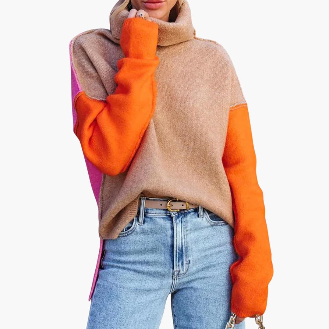 Maglione a blocchi di colore in maglia per donna con collo alto