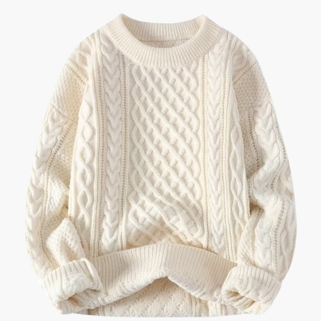 Women's knitted sweater with round neck and cable pattern