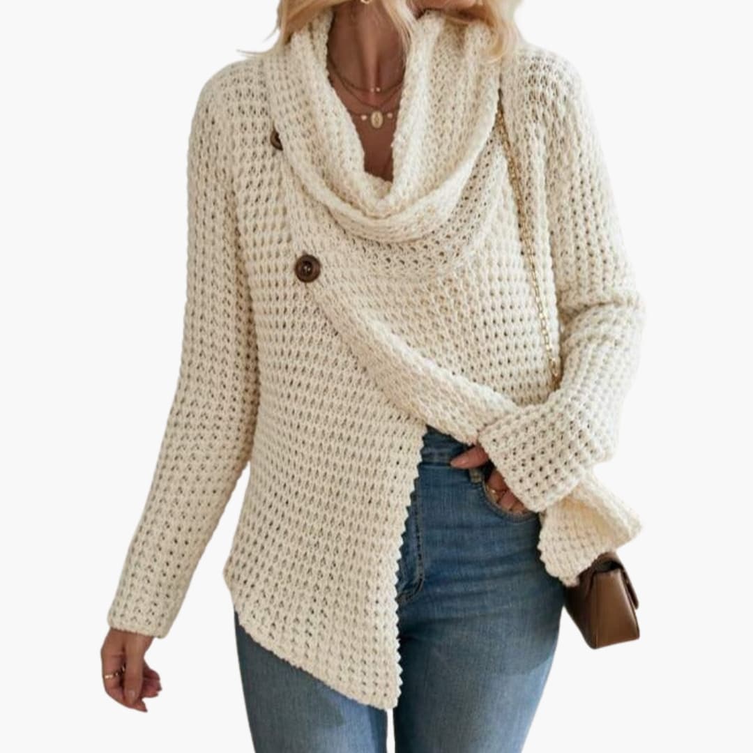 Women's knit sweater with buttoned cowl neck