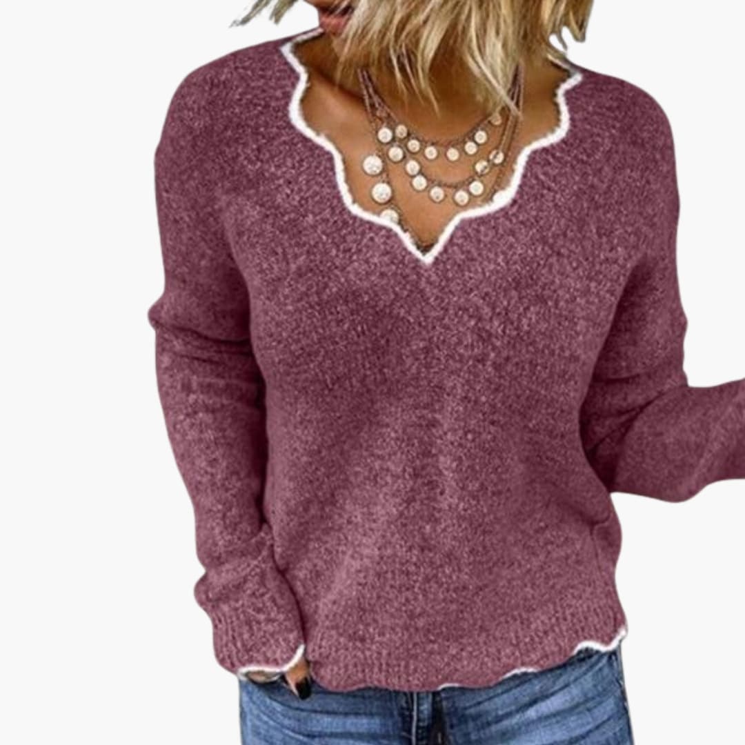 Women's knitted sweater with scalloped V-neck and long sleeves