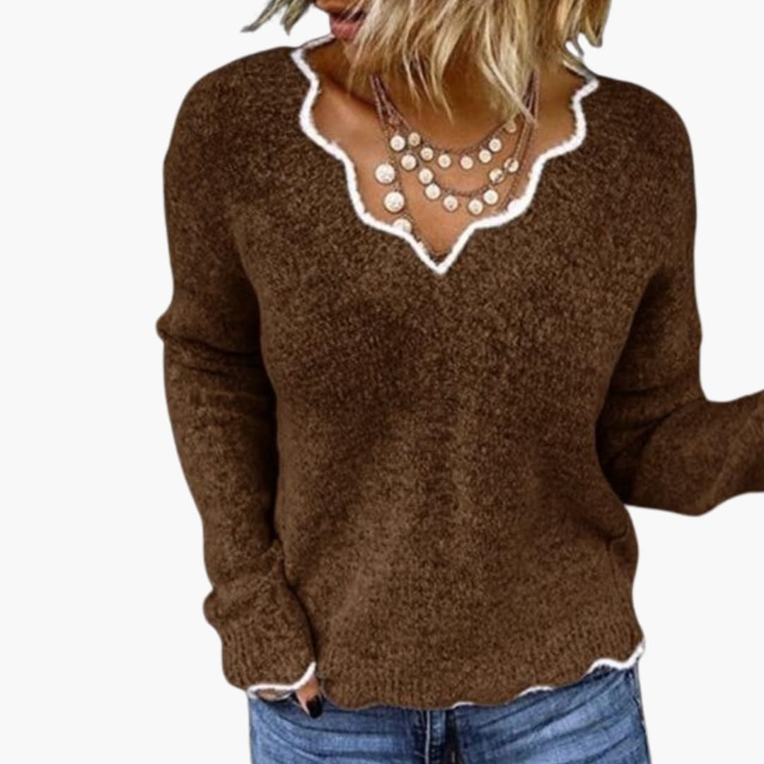 Women's knitted sweater with scalloped V-neck and long sleeves