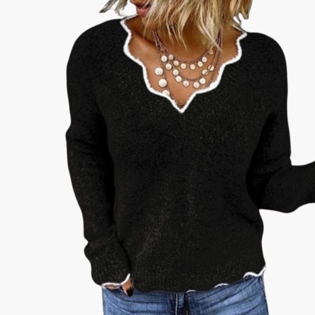 Women's knitted sweater with scalloped V-neck and long sleeves