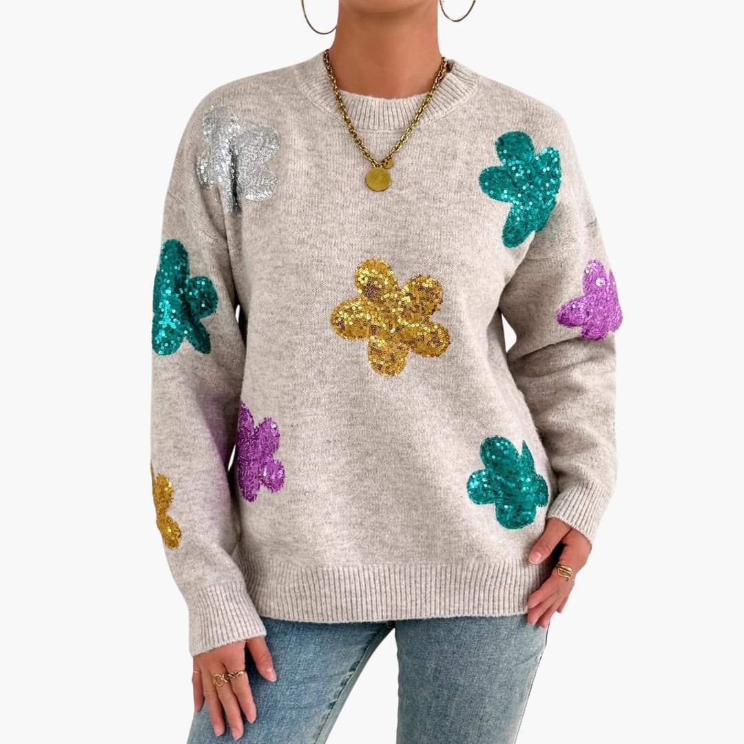 Pull em malha para mulher com decote redondo e apliques florais