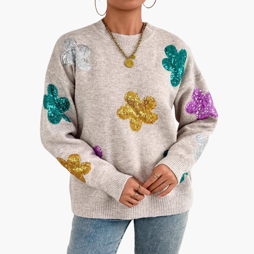 Pull em malha para mulher com decote redondo e apliques florais