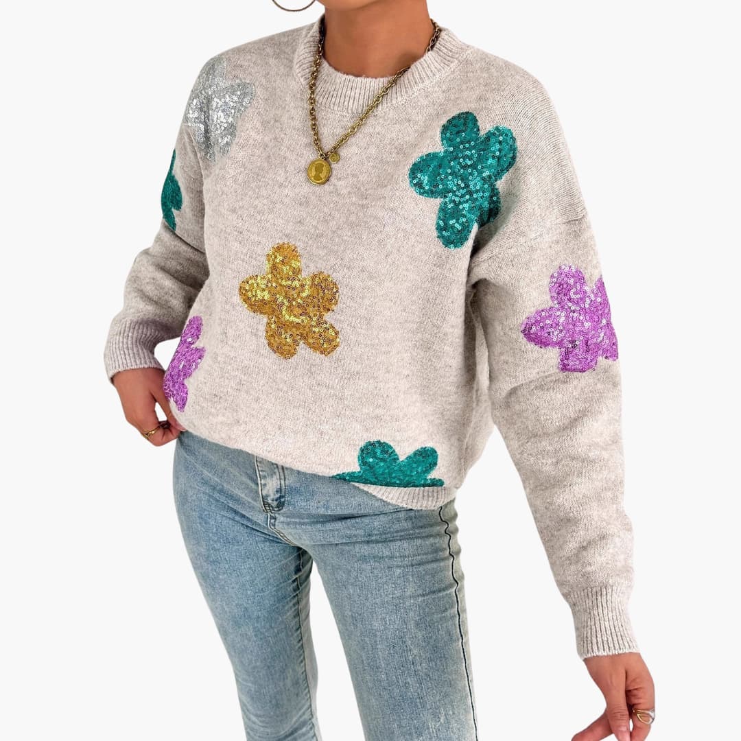 Pull em malha para mulher com decote redondo e apliques florais
