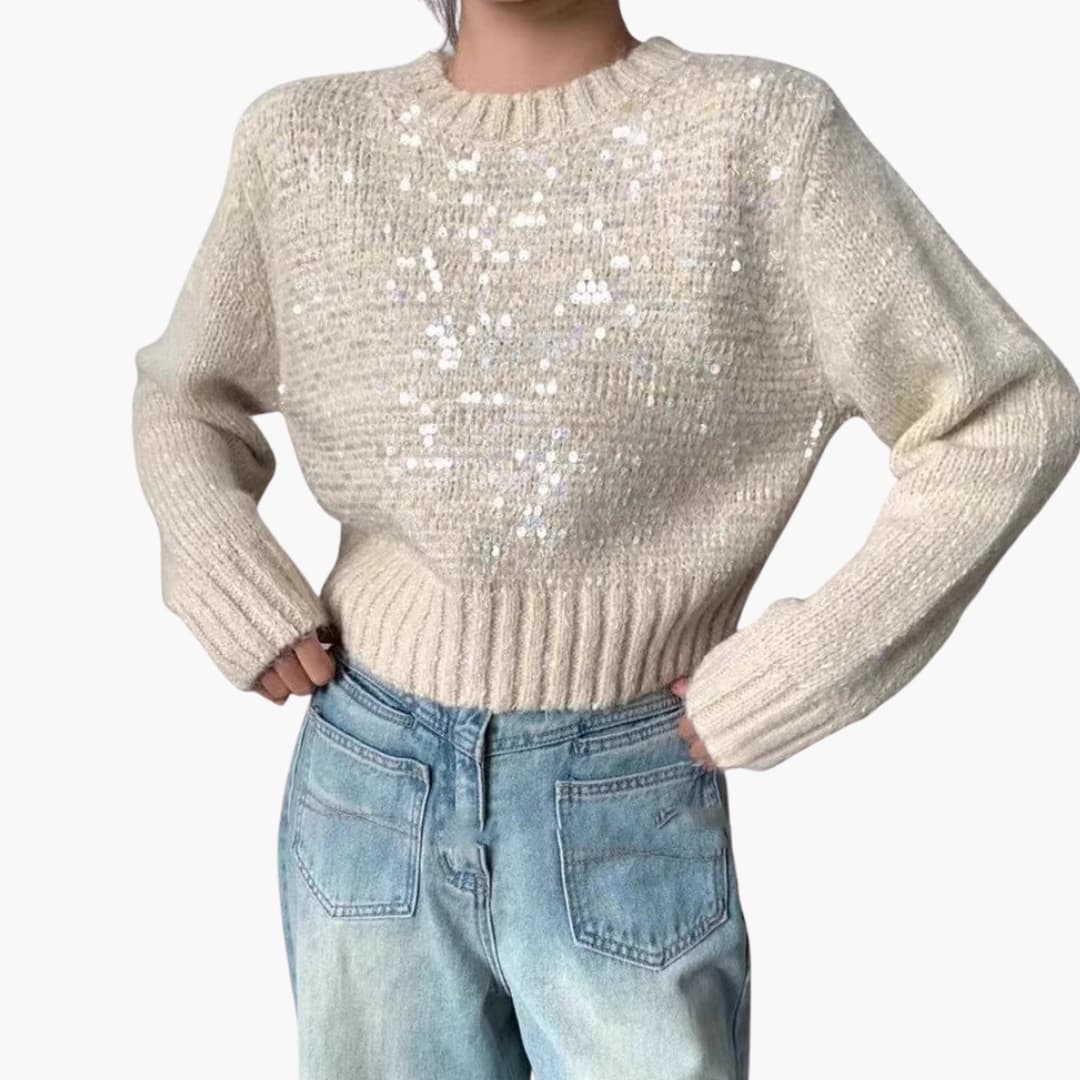 Pull em malha para mulher com decote redondo e superfície texturizada